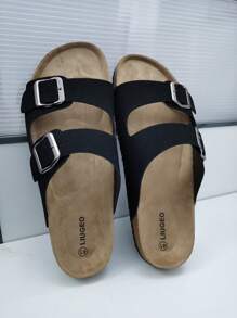 Fashionable Casual Black Suede Double Strap Mule Slippers, Adjustable Dual Metal Buckle Non-Slip Soft Cork Bottom Slip-On House Slippers, Suitable For Christmas, Halloween, Home, Date, Strolling, Commuting, Party, Beach