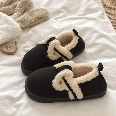 女士秋冬毛绒内衬玛丽珍拖鞋，温暖室内家居复古一脚蹬露背拖鞋