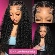 深卷高清200%密度蕾丝前额假发，无需胶水，13x4真人发蕾丝闭合假发 - Jerry Curly 预熨烫、预剪裁、预拉直，原生人发混纺蕾丝前额假发，带婴儿发，无需胶水，无需技巧，适合女性日常佩戴，混纺发假发，无需胶水，不易打结，佩戴即自然，黑色 - 自然色&黑色系 - 查看 5