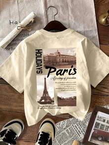 YUNCHIC Men's Casual Modern Style Graphic Print Khaki T-Shirt, Loose Fit Versatile, Minimalist Ins Style, Suitable For Summer, T-Shirt Essential - Khaki - View 1