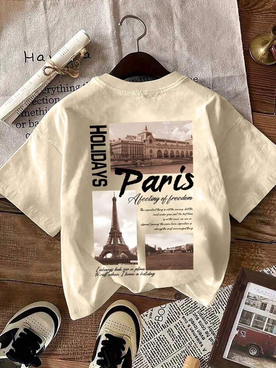 YUNCHIC Men's Casual Modern Style Graphic Print Khaki T-Shirt, Loose Fit Versatile, Minimalist Ins Style, Suitable For Summer, T-Shirt Essential - Khaki - View 1