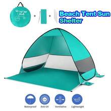 Beach Tent Sun Shelter, Beach Tent Easy Pop Up,Block Up To 98% Of The Sun'S Harmful Uv Rays, Windproof And Ventilated,With Carrying Bag And 6 Ground Pegs For Family Outdoor Adventures, Camping, Picnics, Parks, Lakes, Hiking And Weekend Trips,Ect - 綠色 - 查看 1