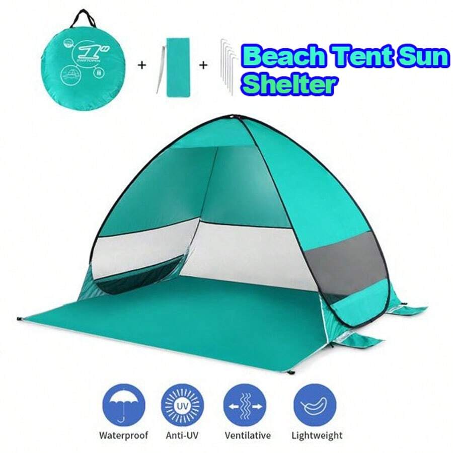 Beach Tent Sun Shelter, Beach Tent Easy Pop Up,Block Up To 98% Of The Sun'S Harmful Uv Rays, Windproof And Ventilated,With Carrying Bag And 6 Ground Pegs For Family Outdoor Adventures, Camping, Picnics, Parks, Lakes, Hiking And Weekend Trips,Ect - 綠色 - 查看 1