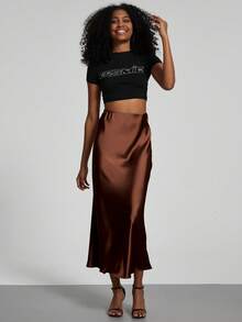 Se-Helo 时尚女士弹力缎面质感缎面长裙 - 栗棕色 - 栗棕色 - 查看 6