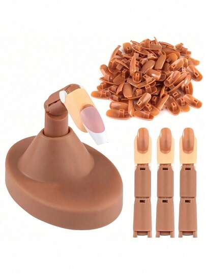 Acrylic Nail Practice Finger Kit - Professional Nail Art Training Set, Includes 1 Holder, 3 Adjustable Mannequin Hands And 100 Brown Nail Tips, Movable Finger Joints, Ideal For Realistic Nail Salon Practice, Perfect Gift For Nail Students, Beginners And Self-Taught Nail Artists, Also Suitable For Valentine's Day, Graduation Ceremonies And Other Occasions.