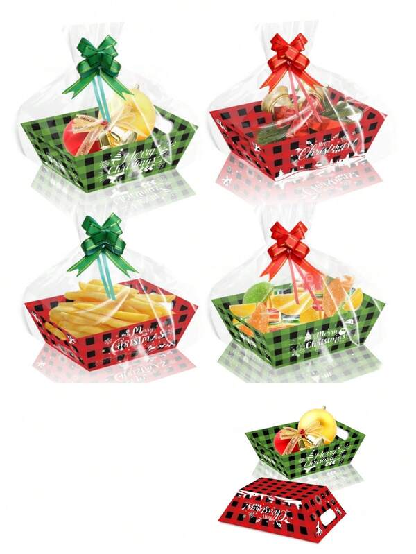 6/12 piezas Cajas de regalo de papel con lazos de cinta, bolsas de OPP, patrón a cuadros (rojo/negro, verde/negro), gruesas y resistentes, con impresión de saludos navideños, adecuadas para regalos de mercado, dulces, productos horneados, cajas de regalo navideñas, decoraciones navideñas, pijamas navideños, regalos navideños, decoración navideña