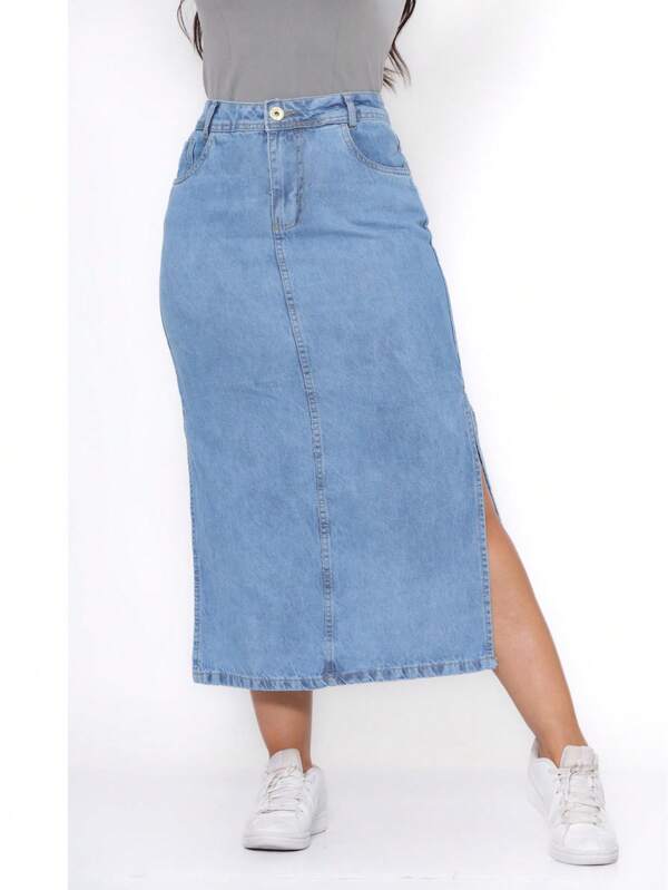 Saia Jeans  Simples    Casual  elegante  Fofo    Bolso  Botão  Zíper    Diário