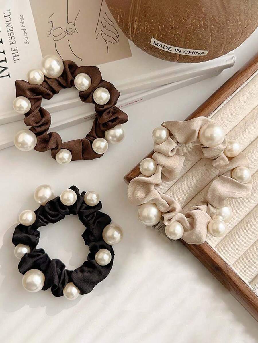 3pcs Women's Black, White, Brown 7cm/2.76in Faux Pearl Satin Scrunchies, Fashion Versatile High-End Elegant Simple Minimalist Solid Color Hair Accessories Suitable For Daily, Casual, Party, Commute, Beach, Ponytail, Bun, Washing Face, Makeup, Outfit Matching, Ponytail Holders, Hair Elastics, Hair Rubber Bands, Elastic Hair Tie, Home Beauty Women Accessory Gifts ,Hair Rope