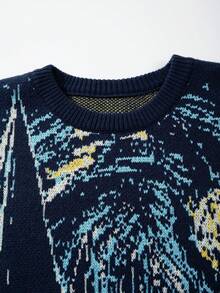 Unisex Casual Loose Fit Pullover Sweater With Abstract Van Gogh Painting Pattern, Versatile For Commuting, Autumn/Winter - Blue - View 4