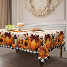 1 pezzo Tovaglia autunnale per il Ringraziamento, copritavolo da pranzo a tema raccolto: decorazione vintage con fiocco, zucca, girasole e foglia d'acero, abbinata a plaid bianco e nero, in tessuto di poliestere con bordo in pizzo, disponibile in formati rettangolari e rotondi, adatta per interni ed esterni, stile fattoria per cucina e sala da pranzo, regalo per il Ringraziamento, tovaglia domestica lavabile in lavatrice e durevole - Multicolore - Visualizzare 4