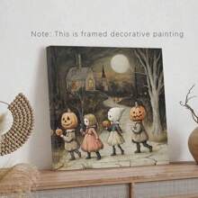 1PC Vintage Halloween Trick-Or-Treaters Print Framed Wood Sign, Halloween Wall Art, Adorable Vintage Halloween Art, Creepy Kids Art, Halloween Wall Decor,Room Decor Aesthetic, Home Decor, Posters For Room, Canvas Wall Art, Optional Frame, Wall Decor, Living Room Decor. Halloween Decor Fall Decor