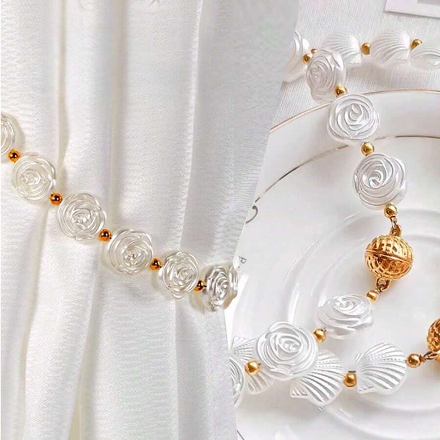 1 pieza Exquisito broche magnético para cortinas con diseño de rosa de concha, sujetacortinas magnético sin taladro - Beis - Ver 1