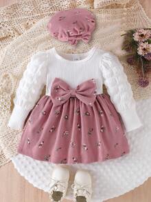 2pcs/Set Baby Girl Elegant Casual Layered Bow Patchwork Colorblock Mini Ditsy Floral Long Sleeve Dress With Matching Floral Hat