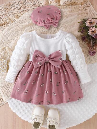 2件套女婴优雅休闲多层蝴蝶结拼色迷你碎花长袖连衣裙，搭配同款花帽