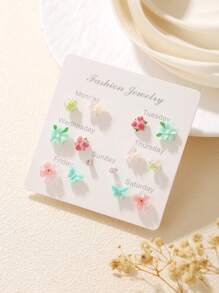 6/7 Pares de Brincos Conjunto Colorido de Borboleta, Coração, Flor, Nuvem, Melancia, Cereja, Pentagrama, Geométrico, Adequado para Amigos, Uso Diário