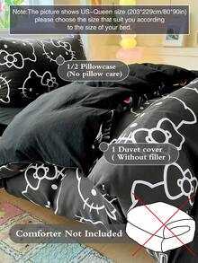 Sanrio 可爱印花 2/3 件床上用品套装 - Hello Kitty/Kuromi/Cinnamoroll/Pochacco（1 件羽绒被套 + 1/2 件枕套，无填充物）卡通全尺寸，柔软舒适，适合宿舍、家庭卧室、酒店、所有季节，带拉链开合和枕套，多色耐用，超大床上用品套装，超大羽绒被套 - 黑白KT - 查看 2
