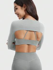 Women Crop Top Long Sleeve Bolero Open Front Workout Cropped Shirts Sports Shrug - Storm Grey - View 5