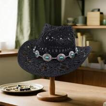 Sun Straw Hat For Women Summer Wide Brim Hollow Out Western Fedora Chain Decor Breathable Cowgirl Hat - màu đen - Xem 3