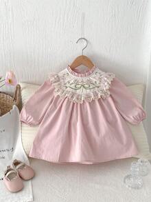 1 pieza Vestido casual cómodo de manga larga con cuello alto, bordado y con ribete de encaje en color rosa para niñas, otoño - Rosa Oxidada - Ver 7