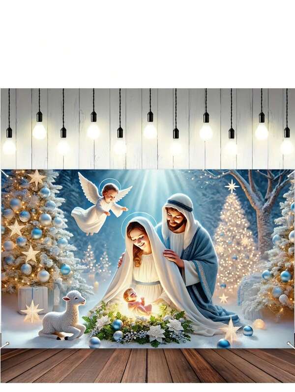 Pancarta 2D vibrante de la escena de la natividad de Feliz Navidad - Telón de fondo de fotografía de poliéster con María, José y ángeles - Adecuado para la decoración de pared navideña en el hogar y al aire libre