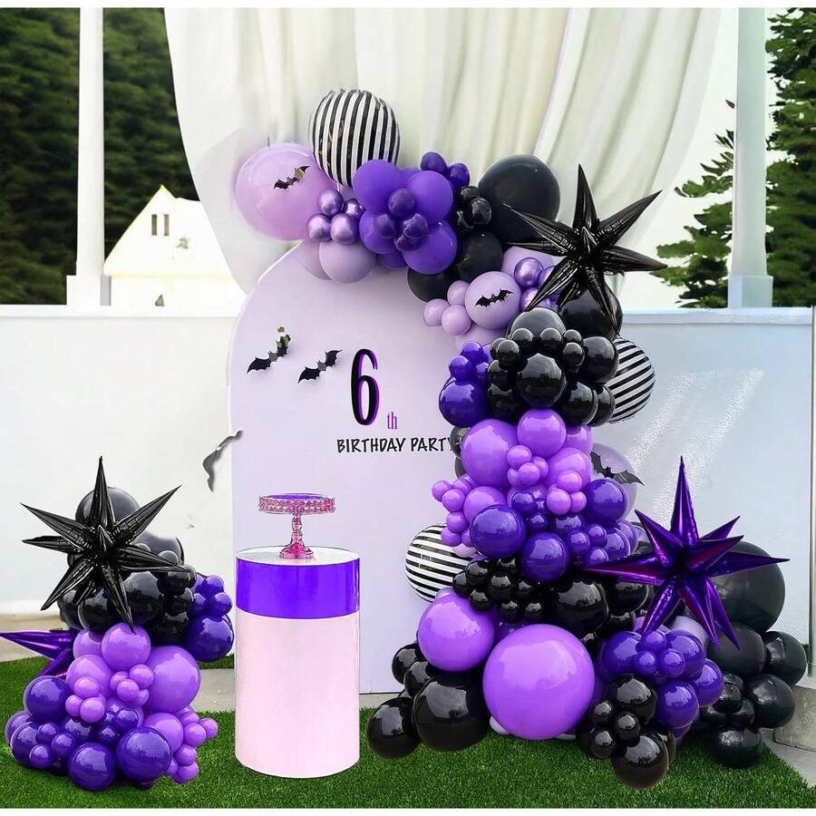 Purple And Black Balloon Garland Kit, 141 Pieces With Star Mylar Balloons For Gothic Themed Parties, For TV Show Fans, Party Decorations