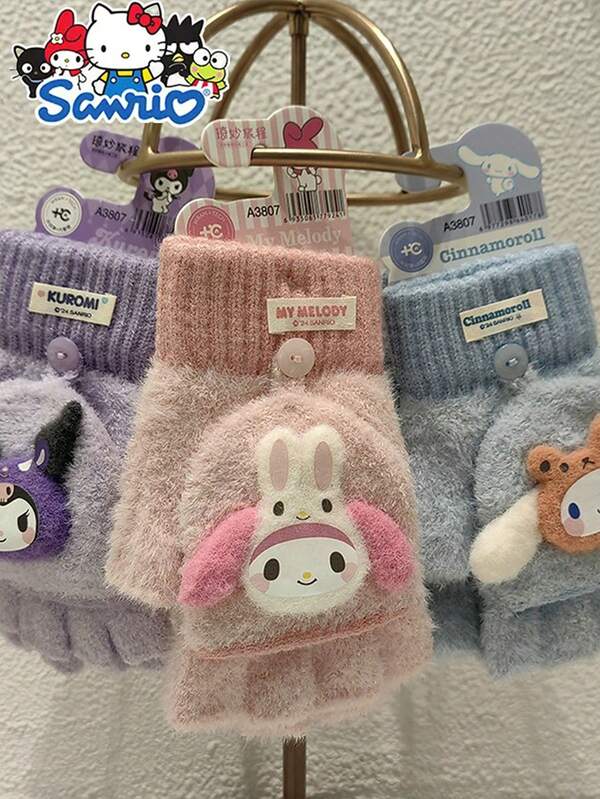 Sanrio زوج من قفازات بدون أصابع قابلة للقلب على طراز ميلودي من سانريو، قفازات محبوكة دافئة، هدية شتوية جميلة للرجال والنساء