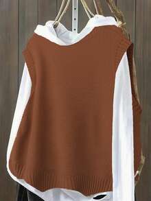 Áo len cổ tròn màu trơn thường ngày cỡ lớn - Rỉ Nâu - Xem 3