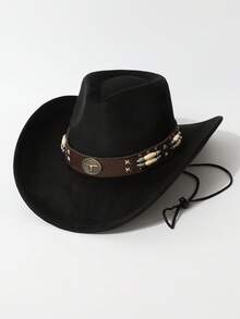 1 pieza Sombrero de ala ancha de tela de alta calidad con decoración de cadena con cabeza de toro para mujer, sombrero vaquero minimalista de moda todo a juego, sombrero de jazz adecuado para fiesta, evento con tema occidental, reunión, cosplay, ceremonia de graduación, baile de máscaras, vacaciones, celebración de cumpleaños, festival de música, viaje y senderismo