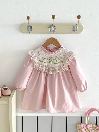 1件装 女童粉色立领刺绣蕾丝边长袖休闲舒适连衣裙，秋季款