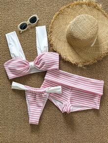 3pcs Women's Striped Fabric Bikini Set, European And American Style, Sexy And Cute Beach/Vacation Swimwear Outfits - Pink - View 3