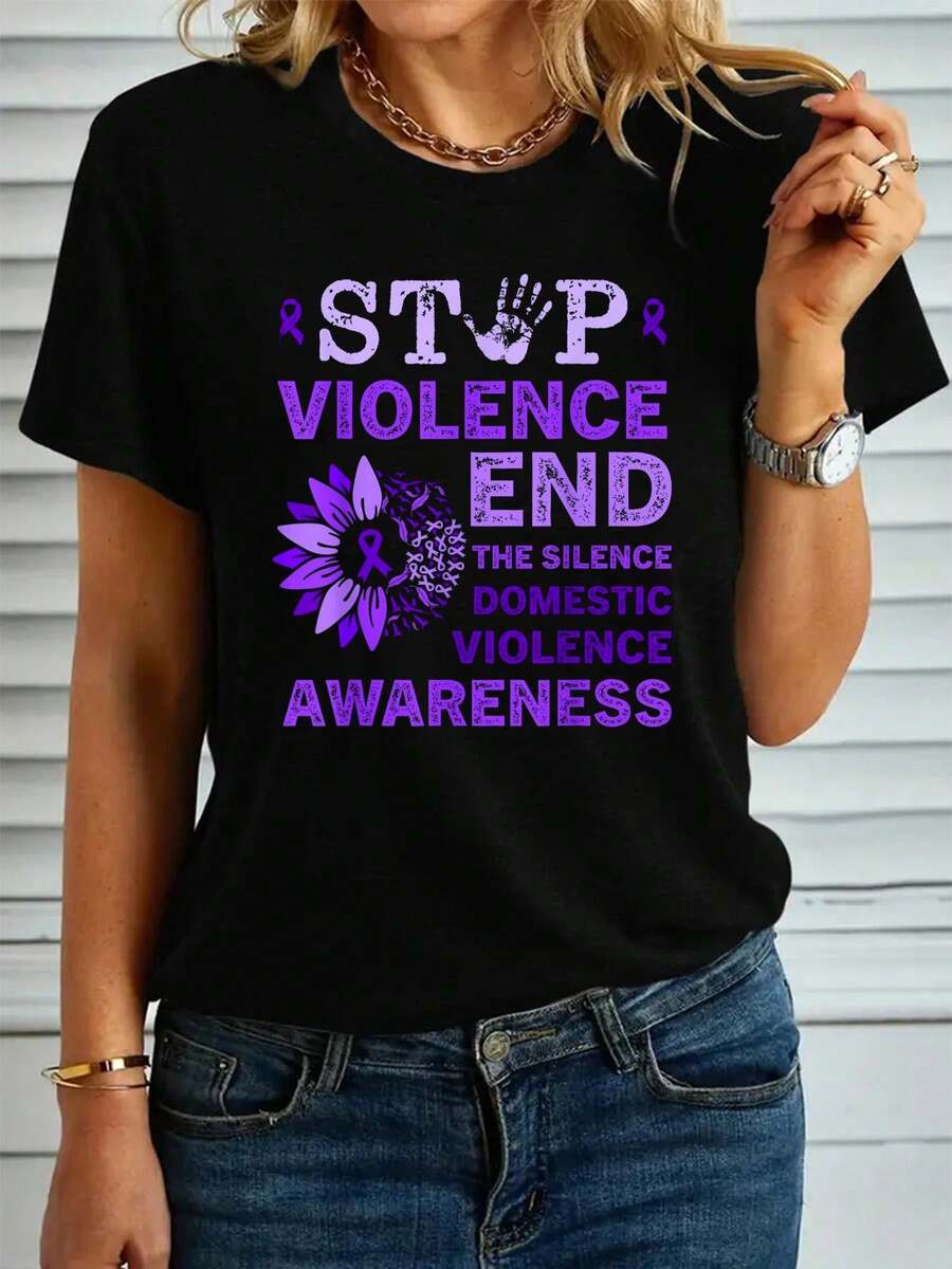 Family Domestic Violence Awareness Purple Ribbon T-Shirt, Graphic Tees Women