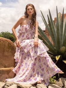 Faeriesty BohoBloom 女士露背长裙：露背设计，配有可调节系带，饰有 3D 立体花朵贴花和层叠荷叶边裙摆。适合休闲外出、海滩度假、周末短途旅行和花园派对。夏日粉色，优雅迷人。 - 粉色 - 查看 8