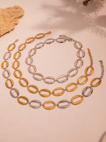 1pc European & American Exaggerated Geometric O-Shape Link Design Necklace & Bracelet Set - Oval Hollow Set - View 9