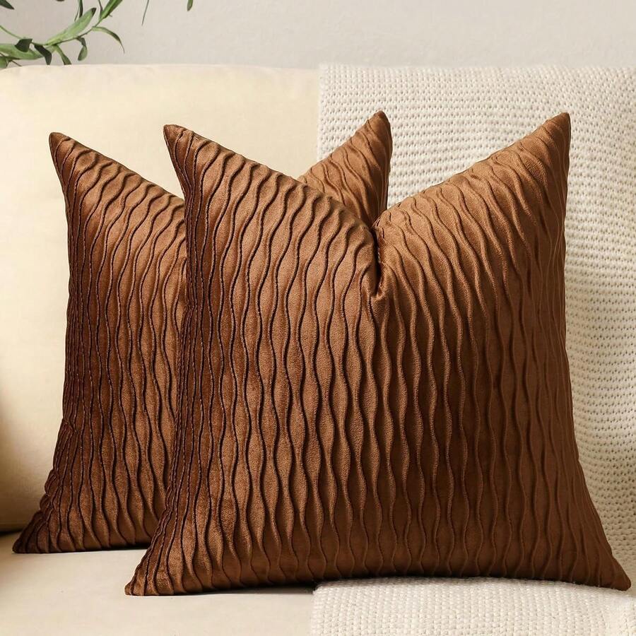 1/2 Peças Capas de Almofada Quadradas de Veludo Marrom com Listras Onduladas, Decoração de Casa para Feriados, Tecido Macio e Confortável, Decoração Moderna para Sofá, Casa, Quarto, Dormitório