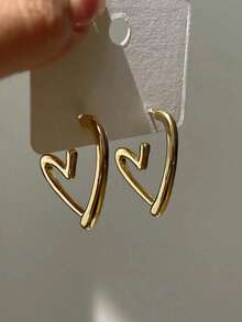 1 Pair Heart Shaped Hoop Earrings, High-End Earring Jewelry Gift For Valentine's Day, Women Everyday Wear - 金色 - 查看 1