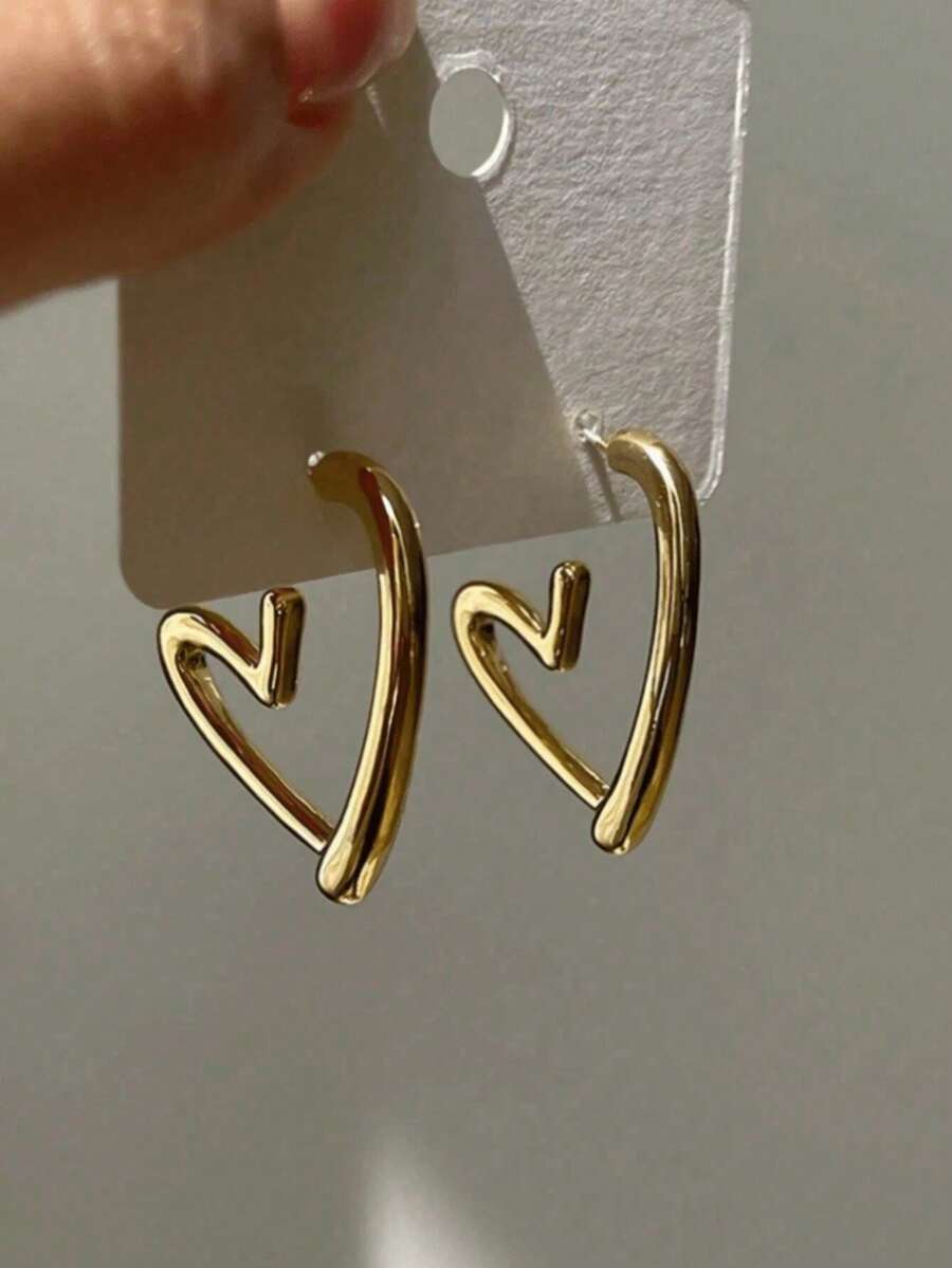1 Pair Heart Shaped Hoop Earrings, High-End Earring Jewelry Gift For Valentine's Day, Women Everyday Wear - 金色 - 查看 1