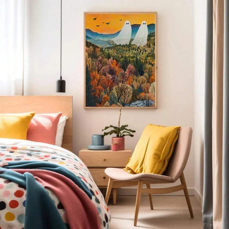 1 buc imprimare artistică cu fantome, decor de Halloween, fantome drăguțe pe câmp, Halloween vintage înfricoșător, poster vintage fără ramă pe pânză, fără ramă