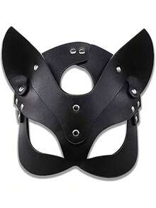 女士皮革猫面具服装，兔子和狐狸面具，动物半脸面具角色扮演万圣节派对服装。 - 黑色 - 查看 5