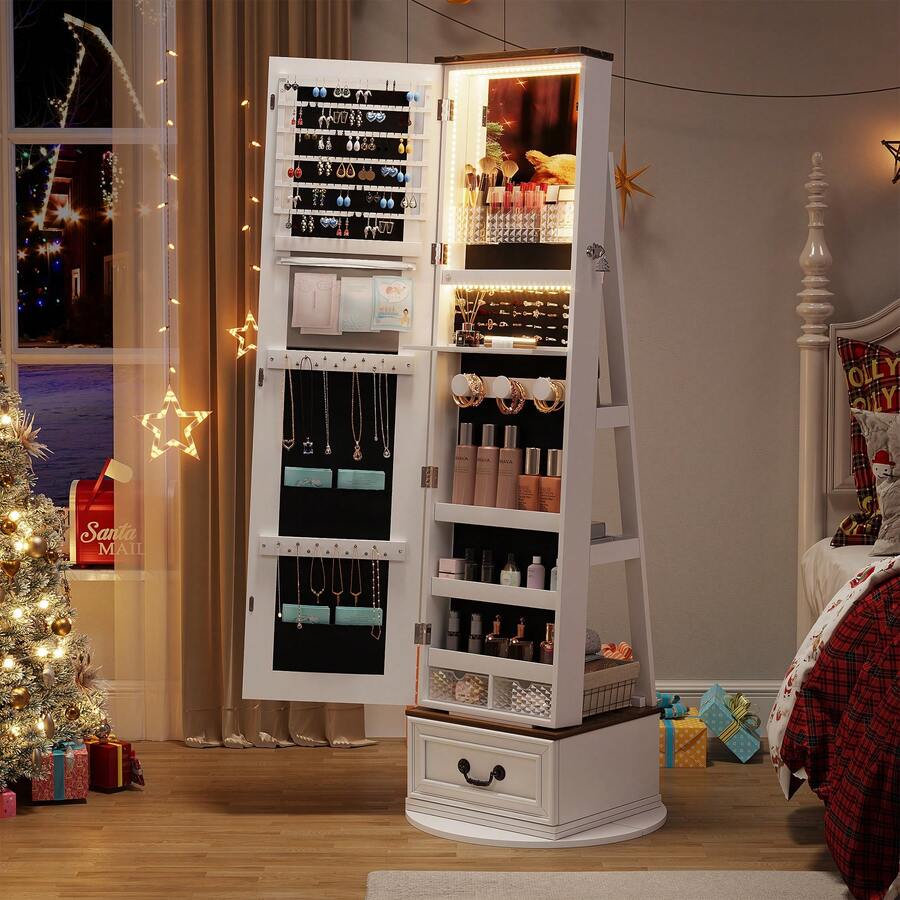 360°Swivel Jewelry Organizer With Full Length Mirror With Lights,Jewelry Armoire Cabinet Standing With Drawers,Large Mirror Storage For Jewelry And Makeup,Best Christmas Gift For Mom,Wife & Girls(White)