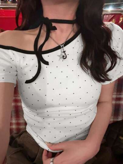 Summer Sweet Casual Asymmetrical Shoulder Tie Polka Dot Cropped T-Shirt