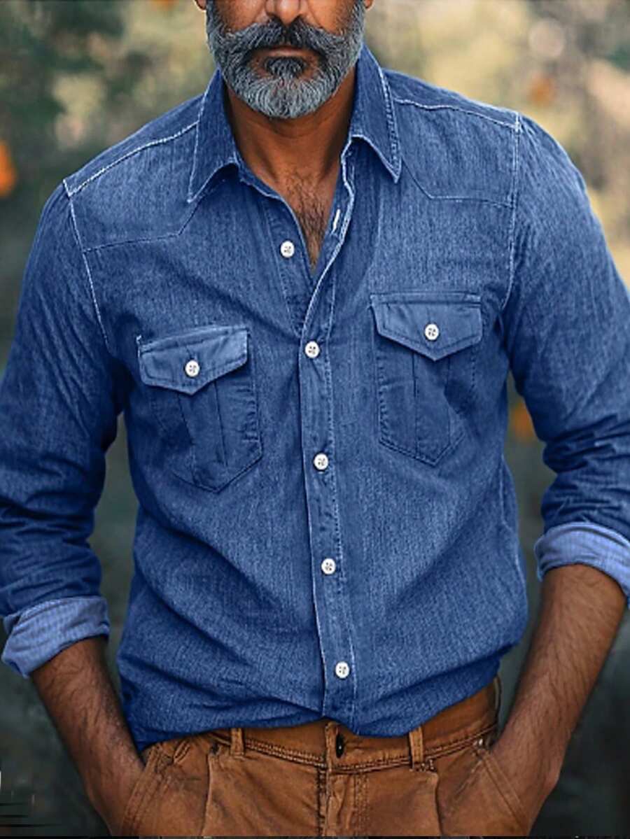 Men's Solid Color Denim-Like Breathable Comfortable Material, Pleated Pocket Design, Turndown Collar, Full-Button Closure, Contrast Button Decor, Suitable For Casual, Fashion, Commuting, Street Style, Spring/Autumn Long Sleeve Shirt - 藍色 - 查看 1