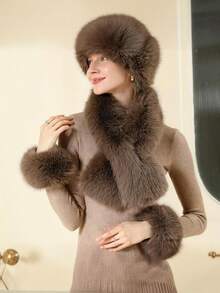 3pcs Women's Solid Color Faux Fur Headband, Scarf And Wrist Cuffs Set, Comfortable Polyester Accessory Kit Winter Outfits Fall Valentines Gift - Multicolor - View 16