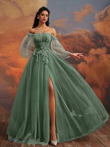 VIPGIRL Off-Shoulder Green Sheer Evening Gown, Decorated With Floral Appliques, Romantic Formal Dress, Fairy Princess Formal Gown, High Slit Dress, Garden Wedding Guest Dress, Elegant A-Line Sheer Dress - Green - View 7