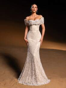 Faeriesty Haute Glamour Elegant Sparkly Sequin Maxi Off-Shoulder Evening Gown With Sparkling Crystal-Beaded Accents For Red Carpet Events, Luxury Weddings, Black-Tie Gala Dinners, And Editorial-Ready Fashion Show Outs For Women - Màu be - Xem 4