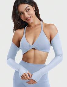 Women Crop Top Long Sleeve Bolero Open Front Workout Cropped Shirts Sports Shrug - Blue - View 4
