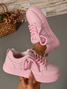 1 Pair Teenage Girls' Pink Platform Sneakers, Fashion Chain Ankle Decor, Breathable Anti-Slip Durable Design, Comfortable Casual Versatile Style, Suitable For Daily Wear And Campus Activities - Pink - View 3