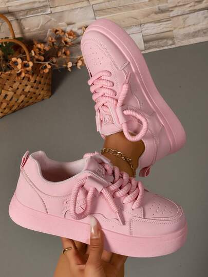1 Pair Teenage Girls' Pink Platform Sneakers, Fashion Chain Ankle Decor, Breathable Anti-Slip Durable Design, Comfortable Casual Versatile Style, Suitable For Daily Wear And Campus Activities