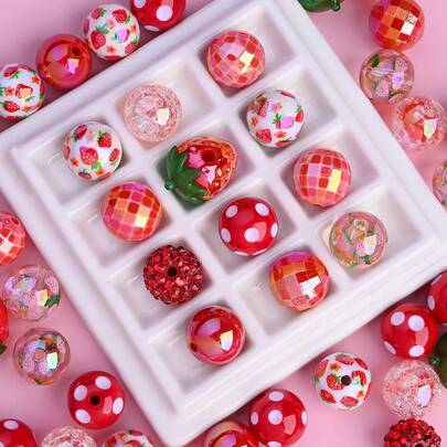 4/10/20pcs Acrylic Shiny Red Cute Strawberry Series Disco Wave Point Spaced Bead For Jewelry Making Bracelet Necklace Earrings DIY Keychain Mobile Phone Chain Pen Bead Craft