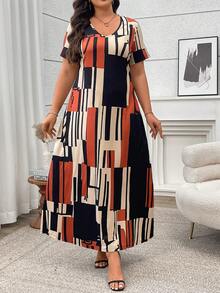 时尚休闲修身V领抽象几何印花优雅大码女装，适合日常穿着和夏季度假约会。 - 彩色 - 查看 4