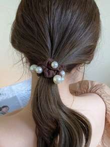 3pcs Women's Black, White, Brown 7cm/2.76in Faux Pearl Satin Scrunchies, Fashion Versatile High-End Elegant Simple Minimalist Solid Color Hair Accessories Suitable For Daily, Casual, Party, Commute, Beach, Ponytail, Bun, Washing Face, Makeup, Outfit Matching, Ponytail Holders, Hair Elastics, Hair Rubber Bands, Elastic Hair Tie, Home Beauty Women Accessory Gifts ,Hair Rope